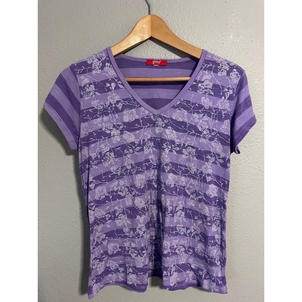 Vintage Glima Top Womens Small Purple Striped Floral Short Sleeve Artsy Y2K